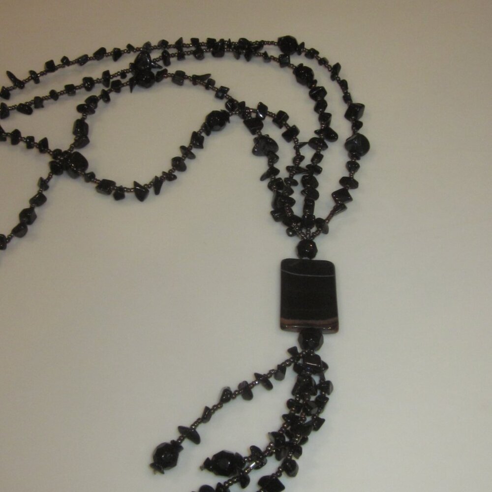 Long Black Obsidian or Glass Beaded Necklace - Picture 3 of 7